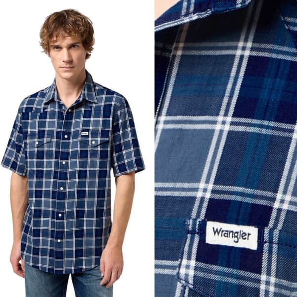Wrangler SS WESTERN SKJORTE Blå Indigo BOMULDSSKJORTE MED KORTE ÆRMER