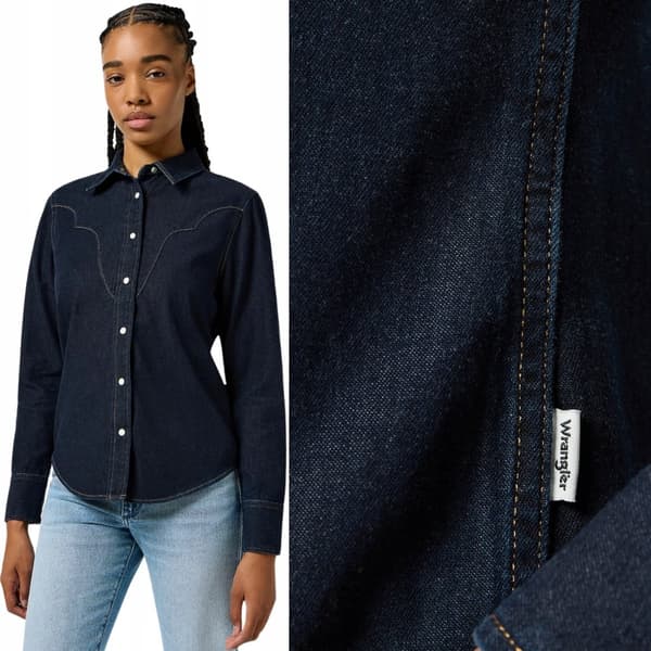 Wrangler SLIM YOKE SKJORTA MARINBLÅ DAM FITTED JEANSSKJORTA S
