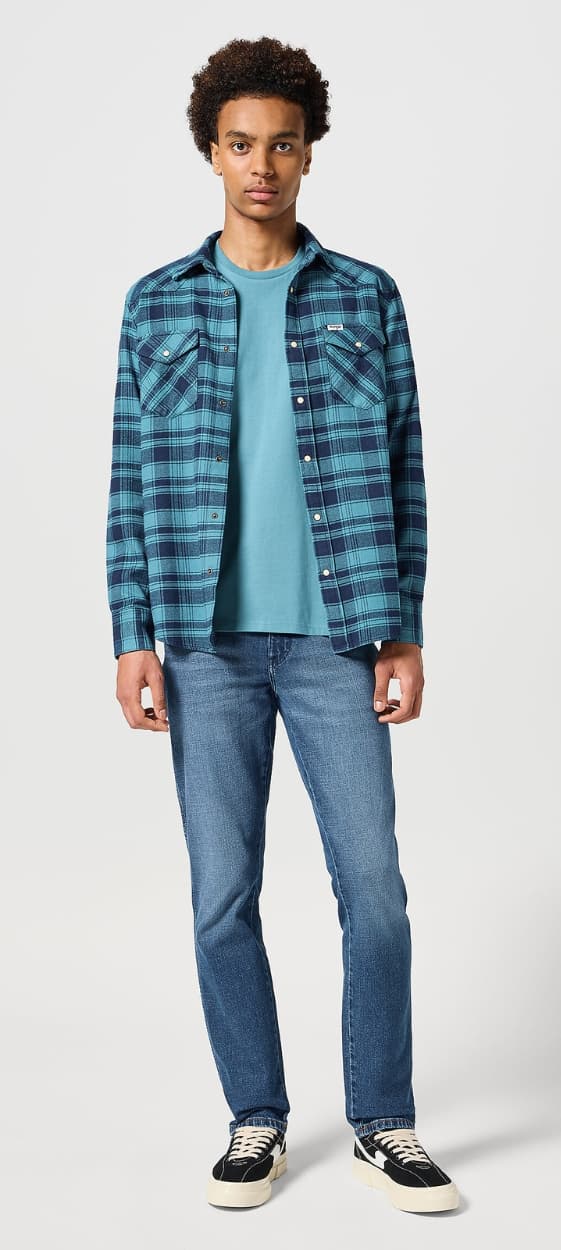Wrangler FLANELL WESTERN SKJORTA Blue Storm RUTIGT SKJORTA MED BOMULL XL