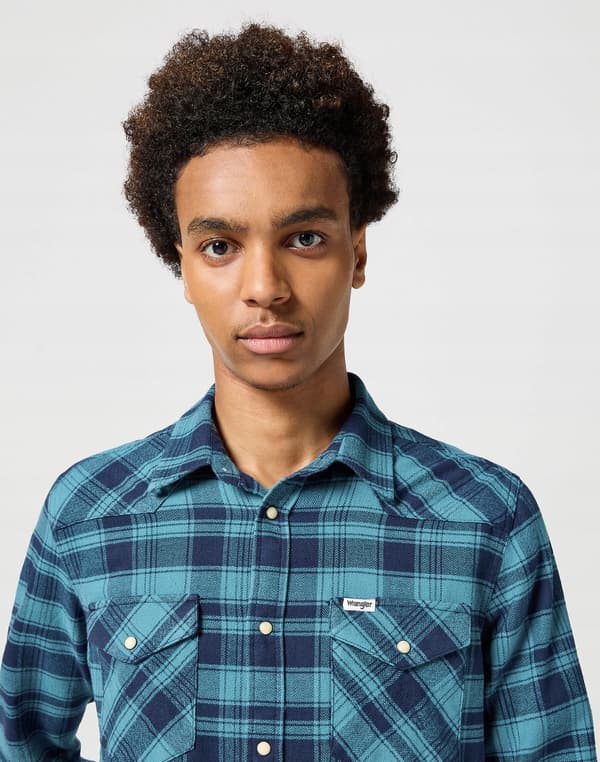 Wrangler FLANELL WESTERN SKJORTA Blue Storm RUTIGT SKJORTA MED BOMULL XL