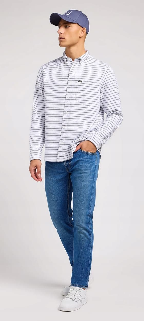 Lee RIVETED SHIRT -hiilenharmaa väljä valkoinen puuvillaraidallinen paita M
