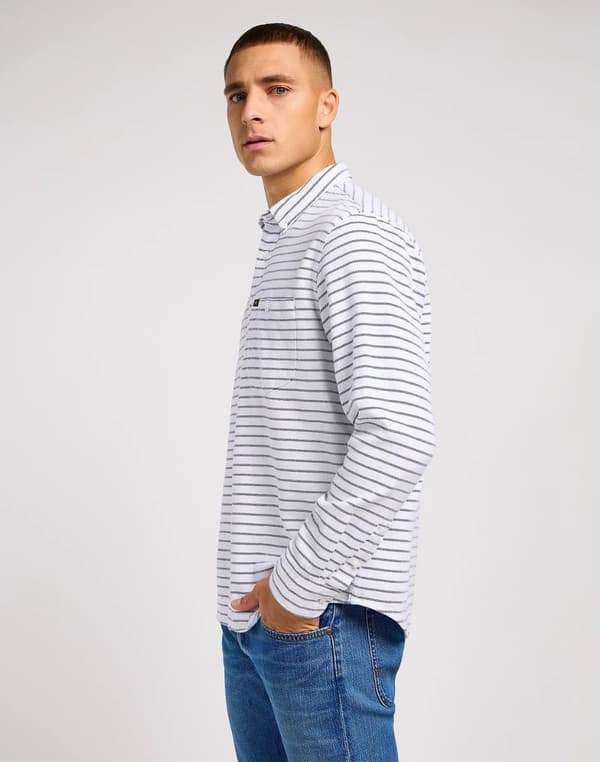 Lee RIVETED SHIRT -hiilenharmaa väljä valkoinen puuvillaraidallinen paita M