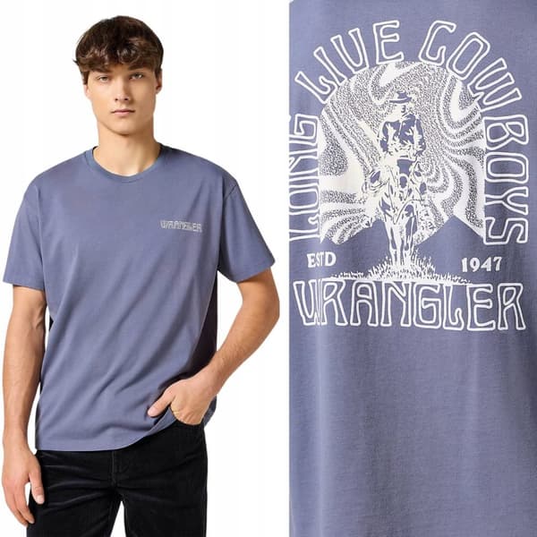 Wrangler GRAFISK T-SHIRT LÖST BLÅ BOMULLST-SHIRT MED MÖNSTRAD BLÅ ...