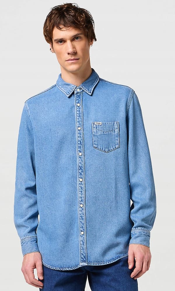 Wrangler 1-LOMMES SKJORTE Light Stone DENIMSKJORTE BLÅ DENIM REGULAR M