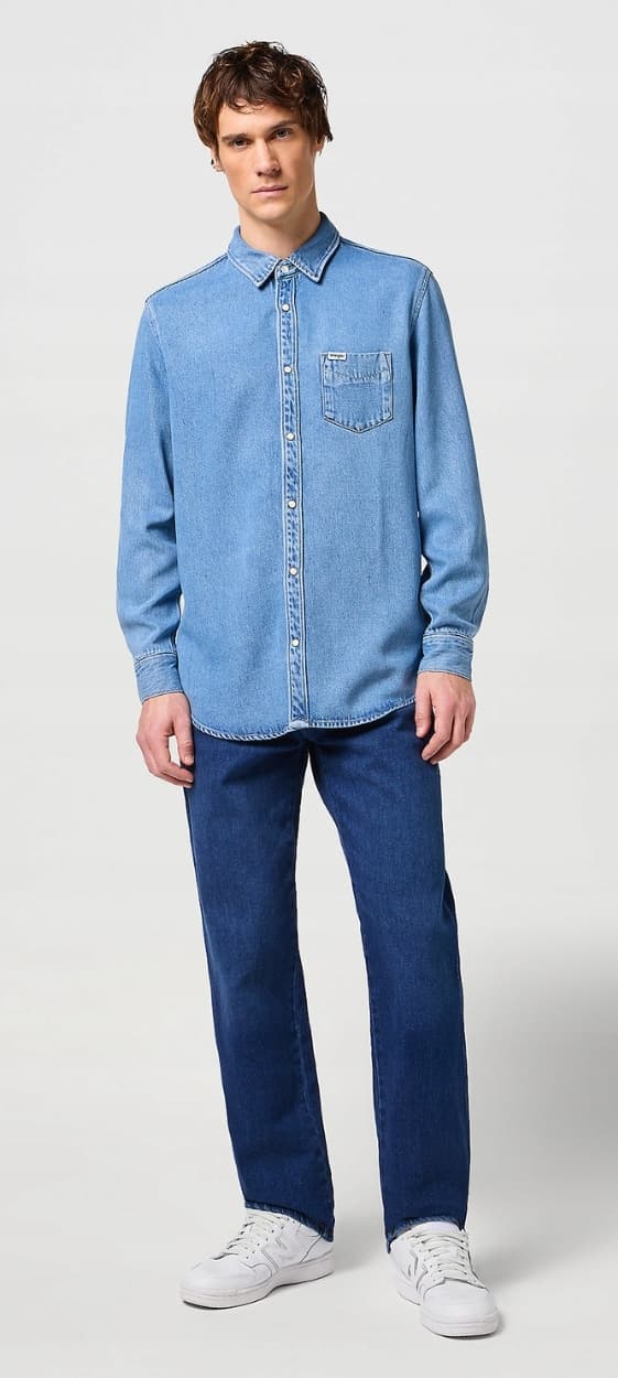 Wrangler 1-LOMMES SKJORTE Light Stone DENIMSKJORTE BLÅ DENIM REGULAR M