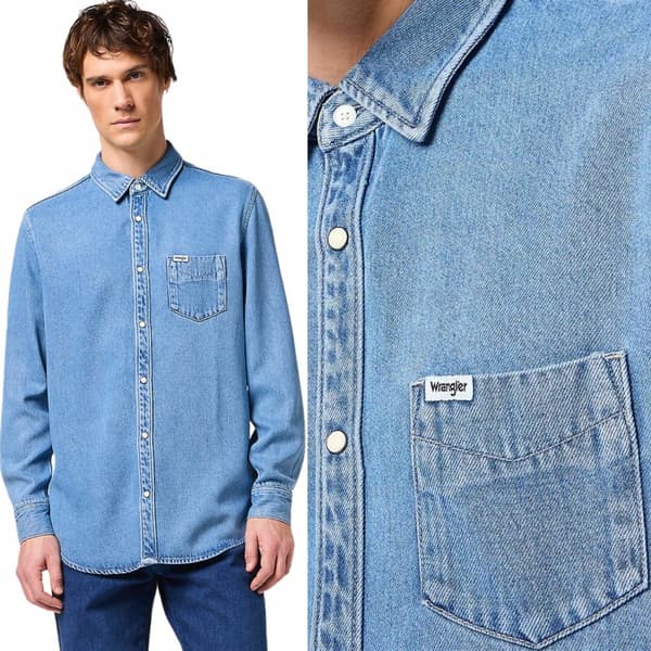 Wrangler 1-LOMMES SKJORTE Light Stone DENIMSKJORTE BLÅ DENIM REGULAR M