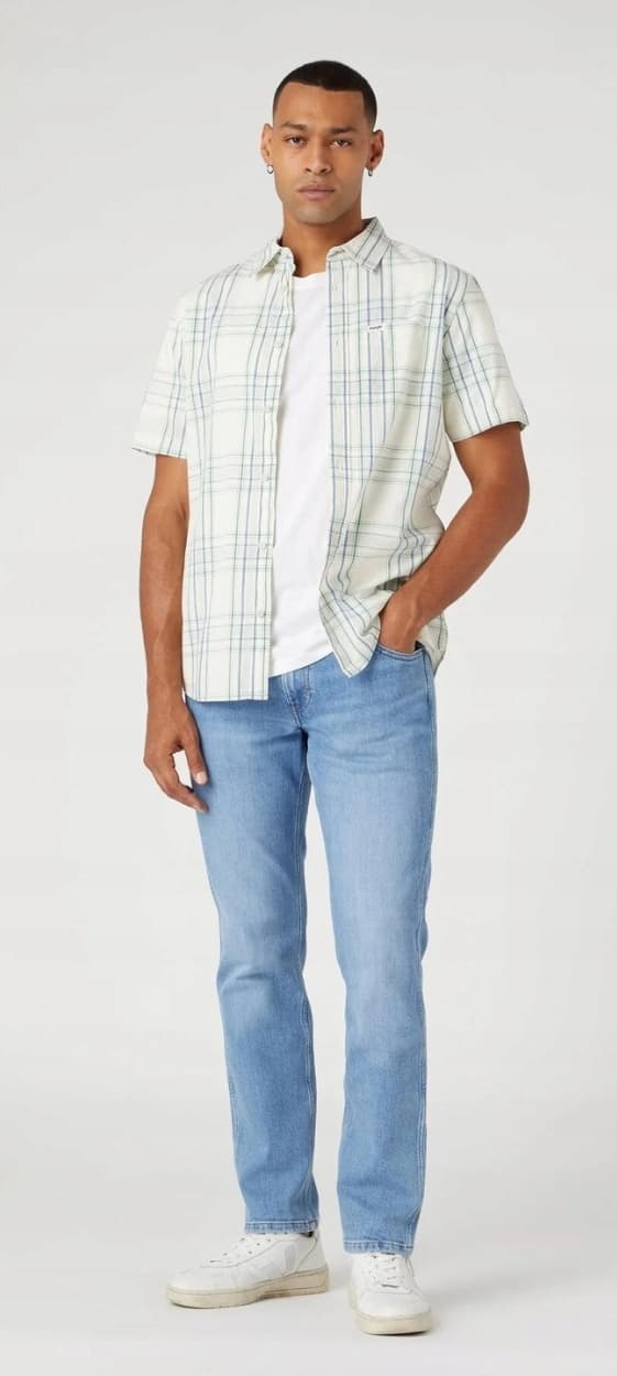 Wrangler 1 PKT SKJORTA Captains Blue RUTIG SKJORTA KORTÄRMAD REGULAR M