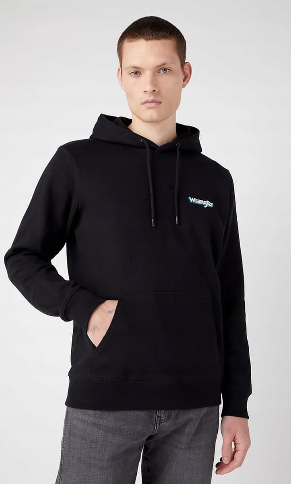 Wrangler LOGO HÆTTETRØJE Vasket Sort SORT HÆTTETRØJE KÆNGURU STØRRELSE L
