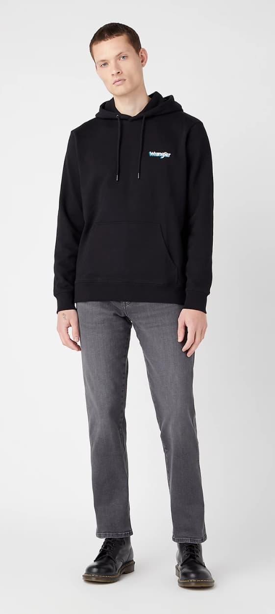 Wrangler LOGO HÆTTETRØJE Vasket Sort SORT HÆTTETRØJE KÆNGURU STØRRELSE L