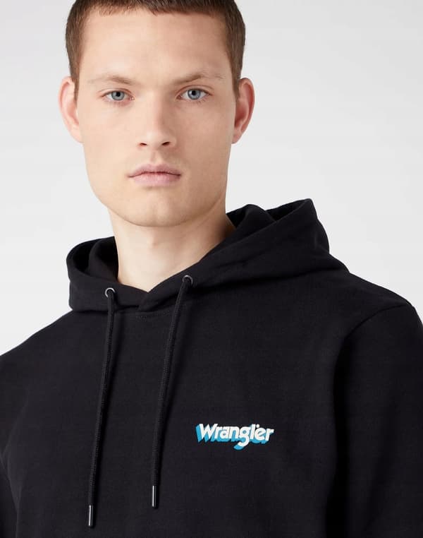 Wrangler LOGO HÆTTETRØJE Vasket Sort SORT HÆTTETRØJE KÆNGURU STØRRELSE L