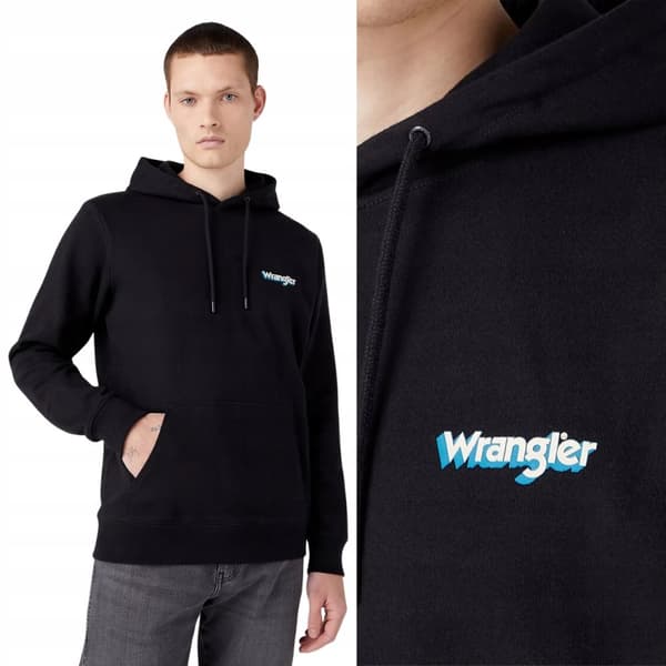 Wrangler LOGO HÆTTETRØJE Vasket Sort SORT HÆTTETRØJE KÆNGURU STØRRELSE L