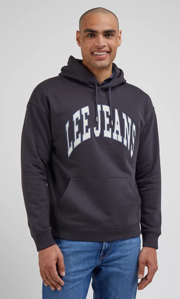 Lee VARSITY HOODIE Tvättad svart LÖS SVART HOODIE MED KÄNGURUHOOD M