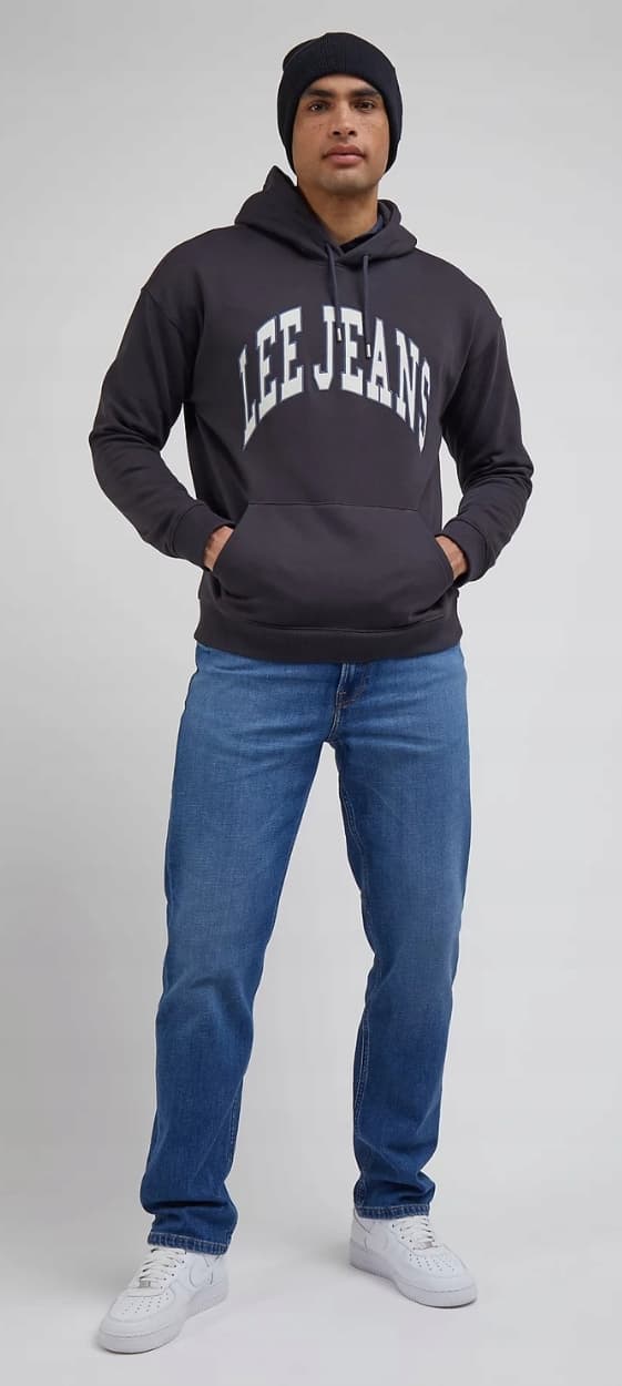 Lee VARSITY HOODIE Tvättad svart LÖS SVART HOODIE MED KÄNGURUHOOD M