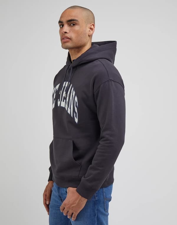 Lee VARSITY HOODIE Tvättad svart LÖS SVART HOODIE MED KÄNGURUHOOD M