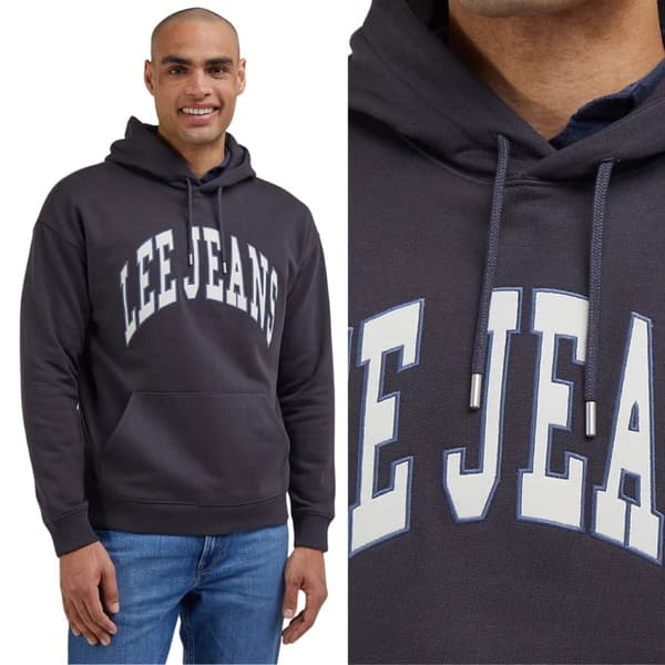 Lee VARSITY HOODIE Tvättad svart LÖS SVART HOODIE MED KÄNGURUHOOD M