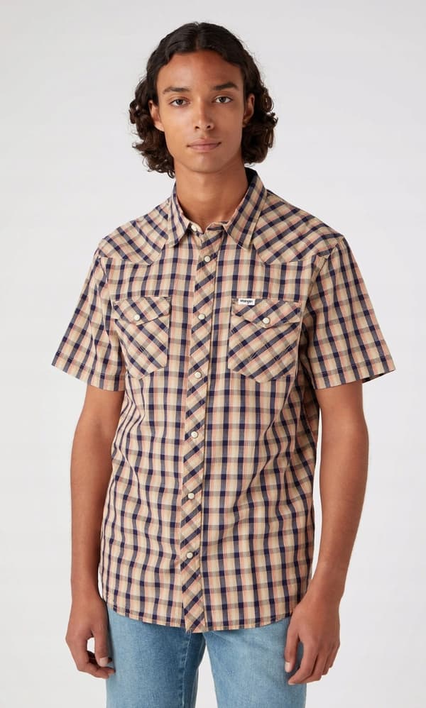 Wrangler SS WESTERN SHIRT Tobaksrutig skjorta kortärmad Regular M