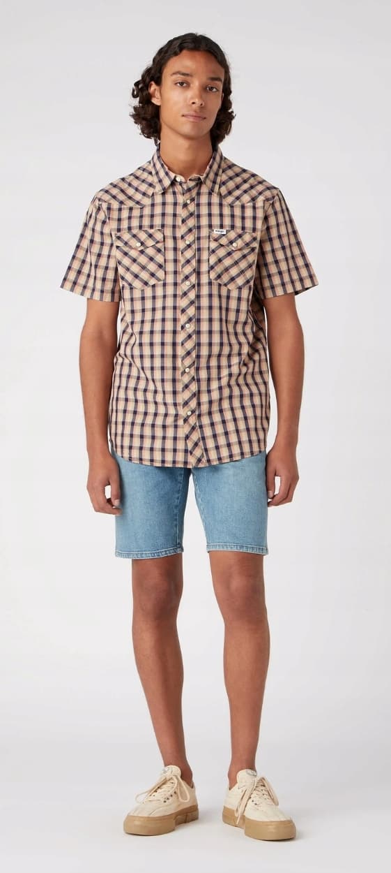 Wrangler SS WESTERN SHIRT Tobaksrutig skjorta kortärmad Regular M