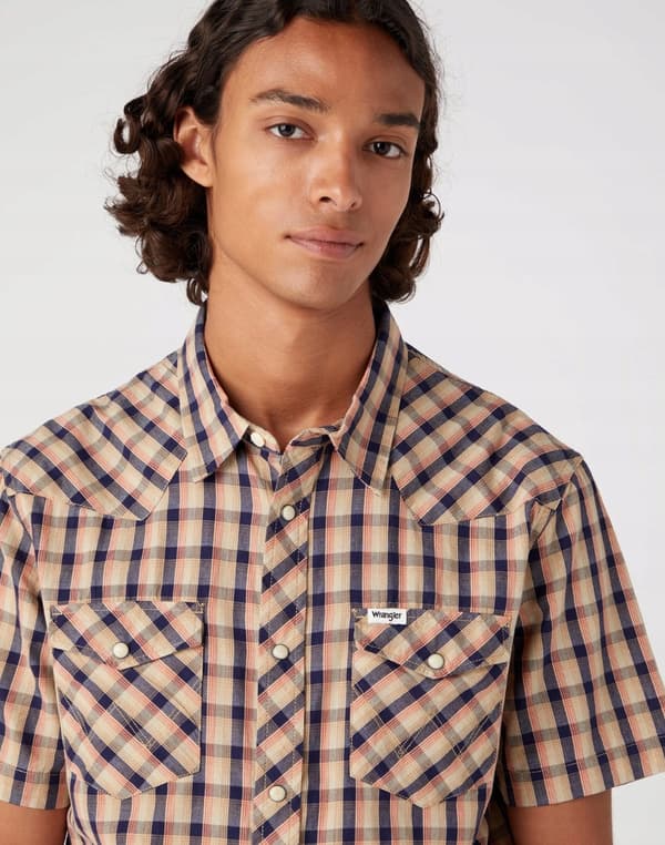 Wrangler SS WESTERN SHIRT Tobaksrutig skjorta kortärmad Regular M