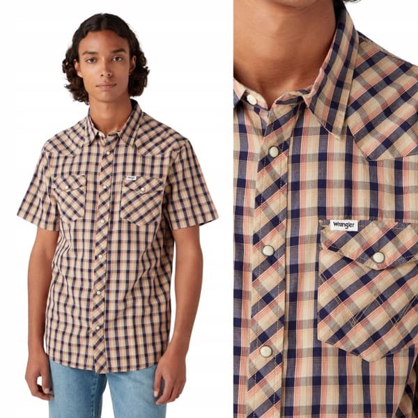 Wrangler SS WESTERN SHIRT Tobaksrutig skjorta kortärmad Regular M