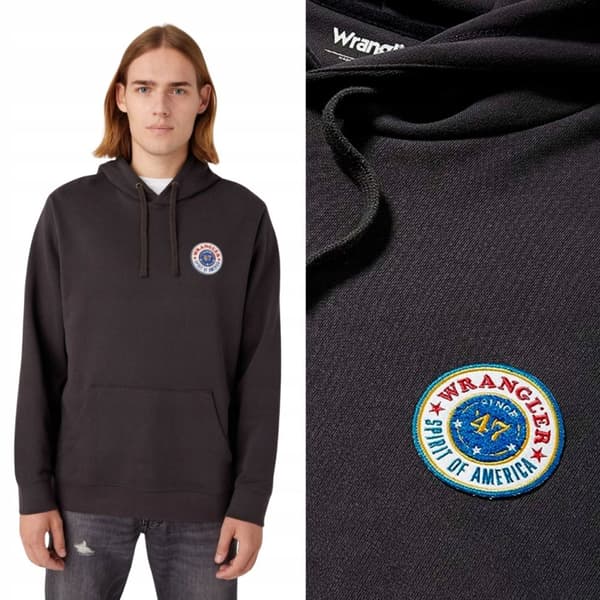 Wrangler LOGO HOODIE Tvättad Svart SVART HOODIE KÄNGURU STORLEK L