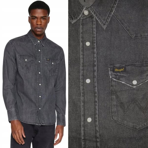 Wrangler HERITAGE SKJORTA Tvättad Svart JEANSSKJORTA GRÅ JEANS REGULAR M