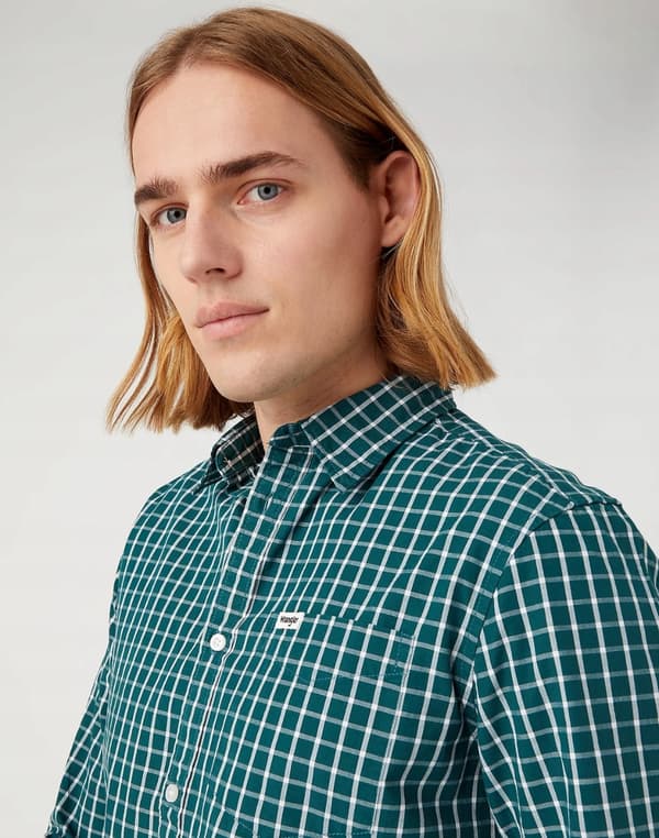 Wrangler SKJORTE MED 1 LOMME Dyb Blågrøn GRØN TERNET SKJORTE NORMAL PASFORM M