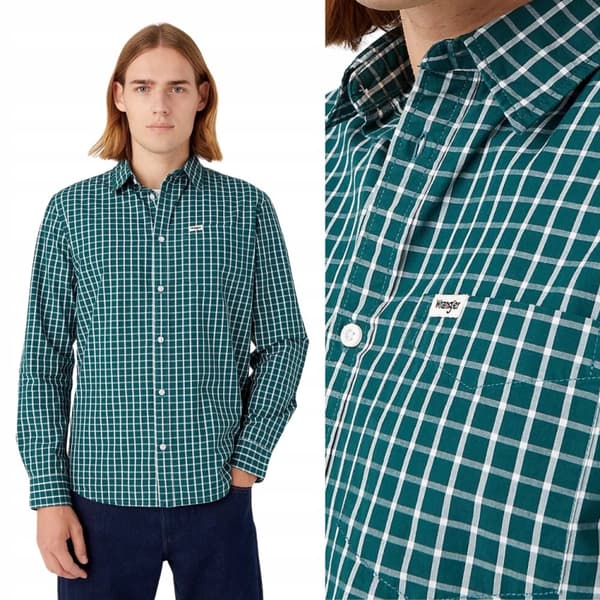 Wrangler SKJORTE MED 1 LOMME Dyb Blågrøn GRØN TERNET SKJORTE NORMAL PASFORM M