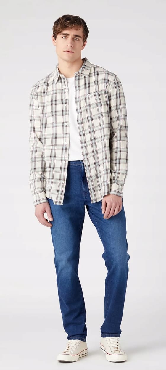 Wrangler 1-TASKUINEN PAITA Kulunut valkoinen ruutupaita, normaali istuvuus M