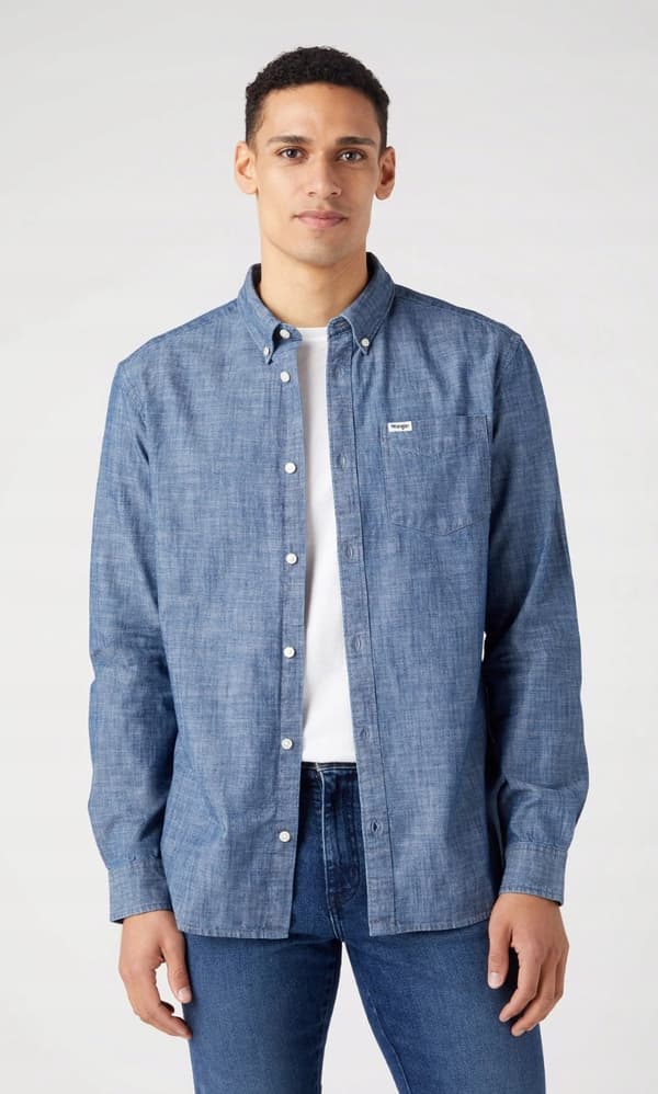 Wrangler 1 LOMMET SKJORTE MØRK INDIGO DENIM SKJORTE I TYND DENIM, NORMAL S