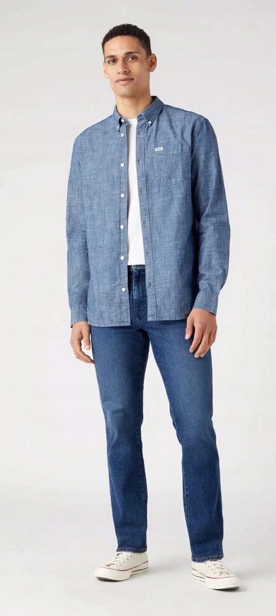 Wrangler 1 LOMMET SKJORTE MØRK INDIGO DENIM SKJORTE I TYND DENIM, NORMAL S