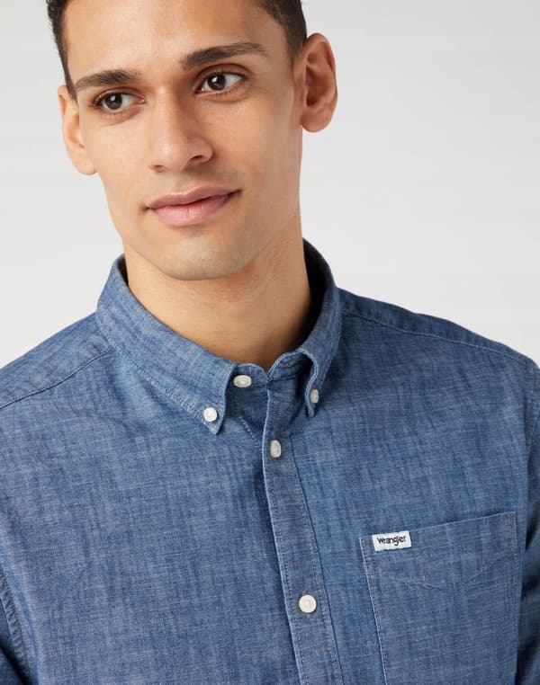 Wrangler 1 LOMMET SKJORTE MØRK INDIGO DENIM SKJORTE I TYND DENIM, NORMAL S