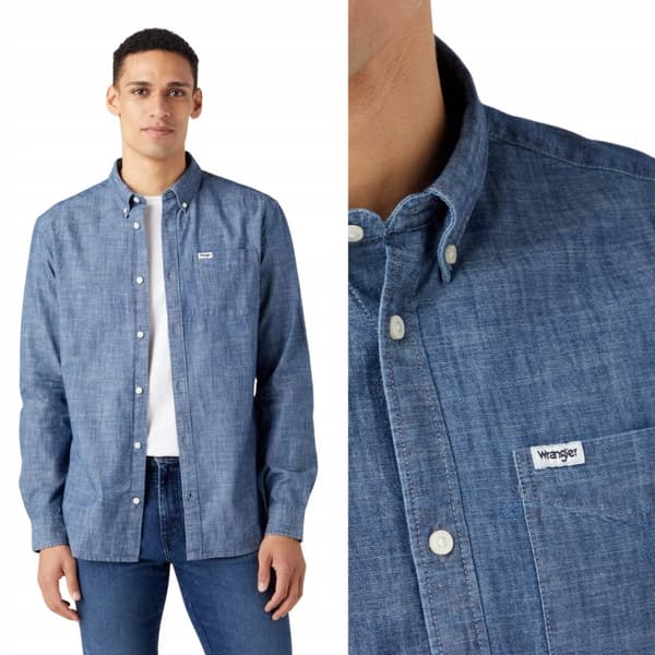 Wrangler 1 LOMMET SKJORTE MØRK INDIGO DENIM SKJORTE I TYND DENIM, NORMAL S