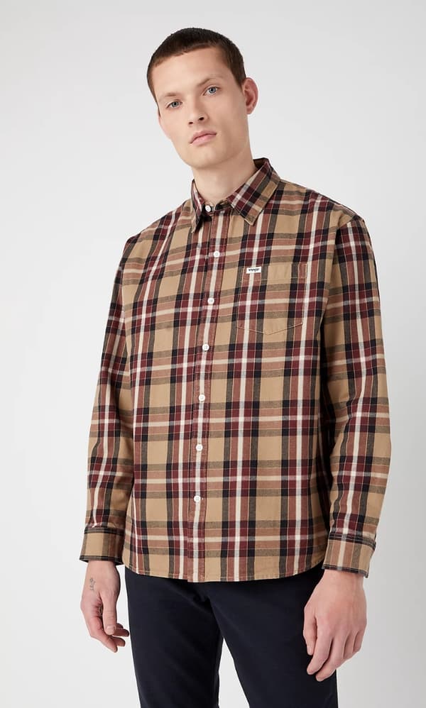 Wrangler SKJORTA MED 1 FICKOR Blygrå BOMULL BEIGE RUTIG SKJORTA XXL