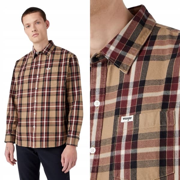 Wrangler SKJORTA MED 1 FICKOR Blygrå BOMULL BEIGE RUTIG SKJORTA XXL