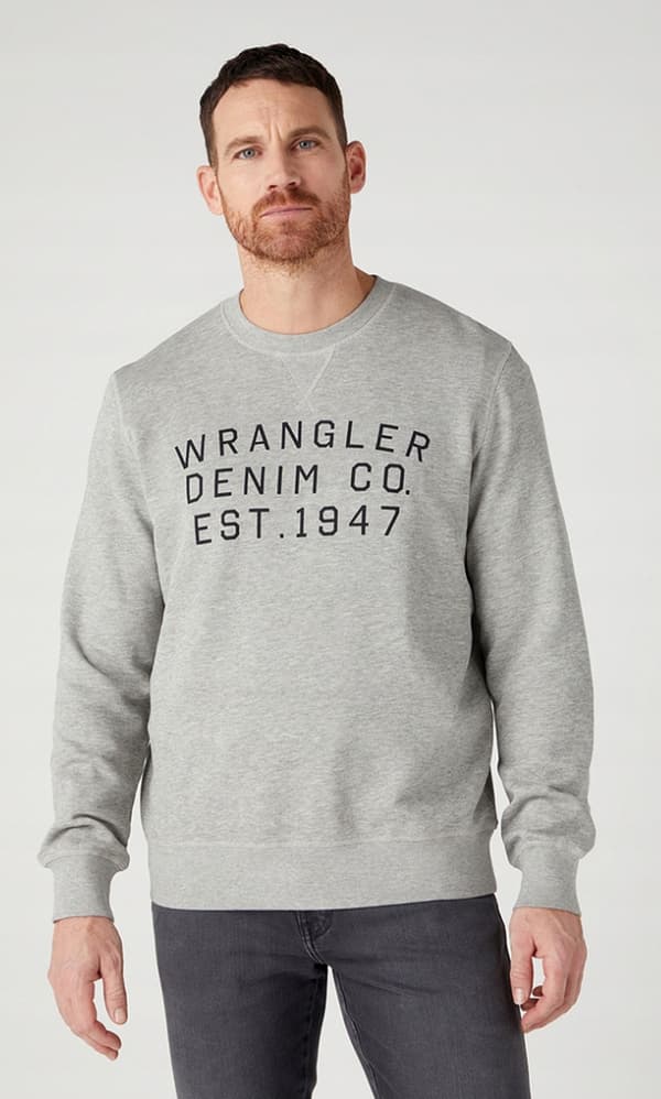 Wrangler GRAPHIC CREW SWEAT Mellangrå Melee GRÅ MÖNSKAD SWEATSHIRT L