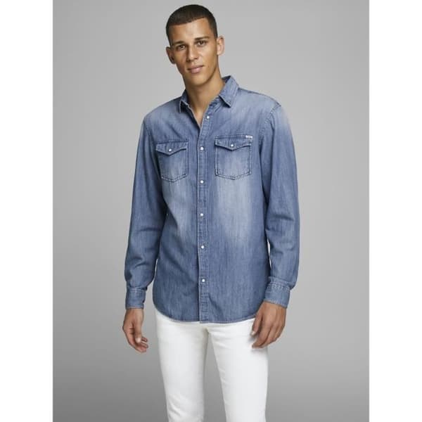 Denimskjorta herr - JACK & JONES - Medium Blue Denim - Långa ärmar - Skjortkrage - Vanlig