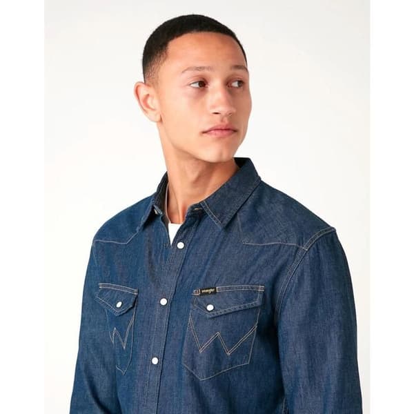Western Skjorta - Wrangler - Blå Denim - Slim - Långa Ärmar - 100% Bomull