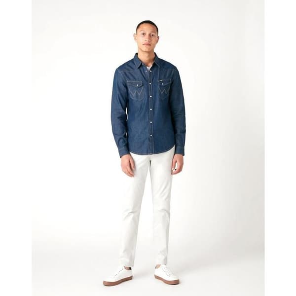 Western Skjorta - Wrangler - Blå Denim - Slim - Långa Ärmar - 100% Bomull