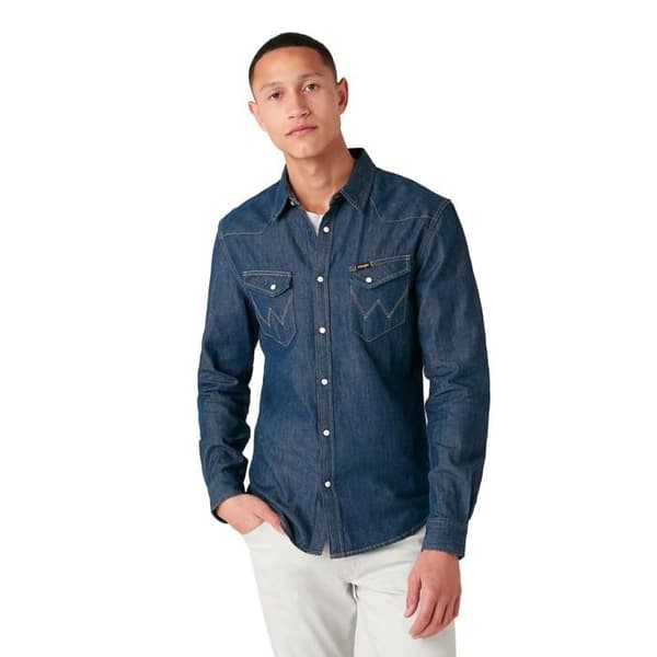 Western Skjorta - Wrangler - Blå Denim - Slim - Långa Ärmar - 100% Bomull