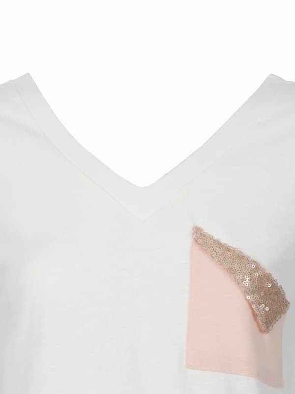Dam-T-shirt med paljettficka, vit navel, gravid
