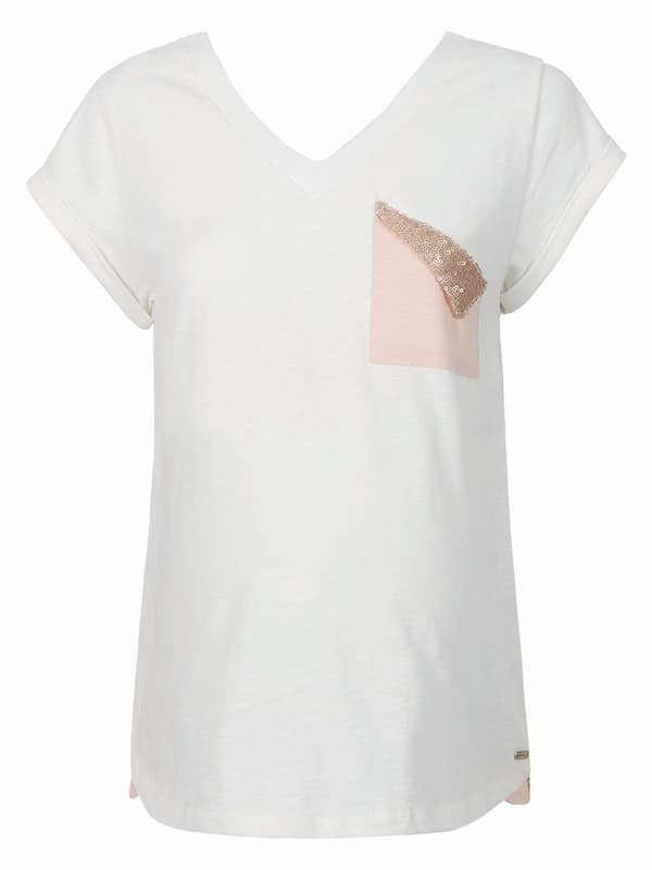 Dam-T-shirt med paljettficka, vit navel, gravid