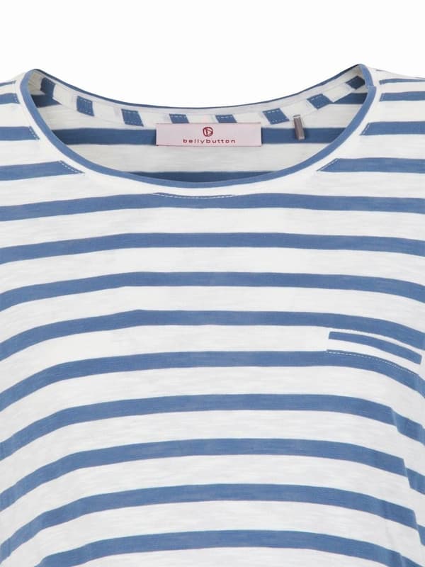 Blå stribet graviditets-T-shirt til kvinder med navlemotiv