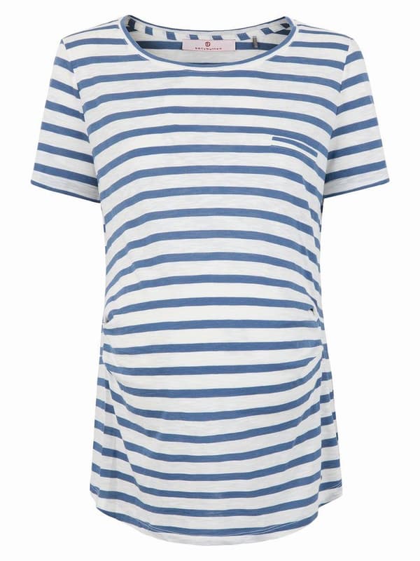 Blå stribet graviditets-T-shirt til kvinder med navlemotiv