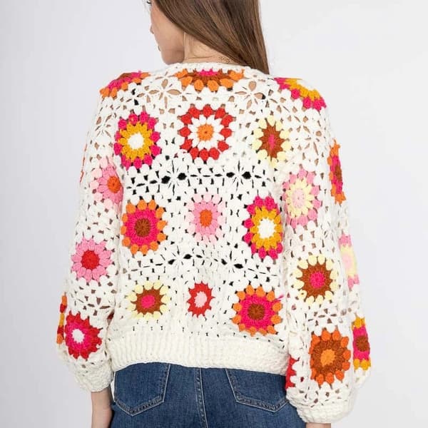 Handmade crocheted boho cardigan with flower motif - one-size 38-40