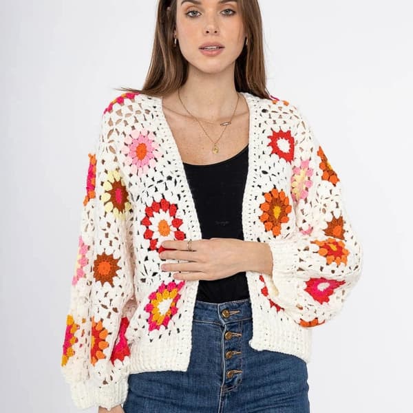 Handmade crocheted boho cardigan with flower motif - one-size 38-40