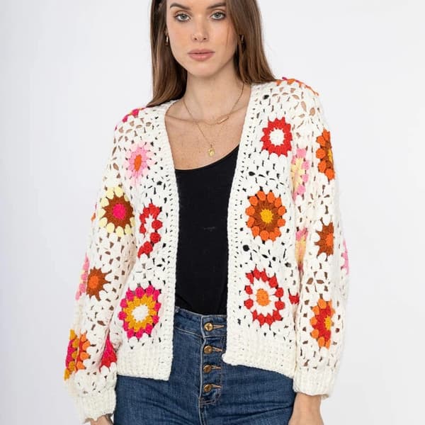 Handmade crocheted boho cardigan with flower motif - one-size 38-40