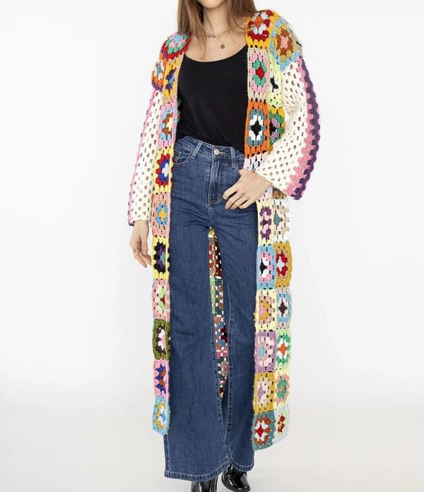 Handgjord lång snygg virkad flerfärgad boho kofta - one-size 38-40