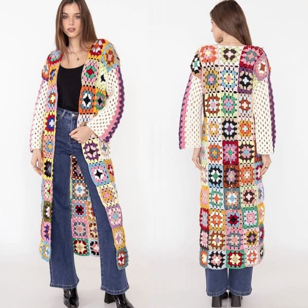 Handmade long stylish crochet multicolor boho cardigan - one-size 38-40
