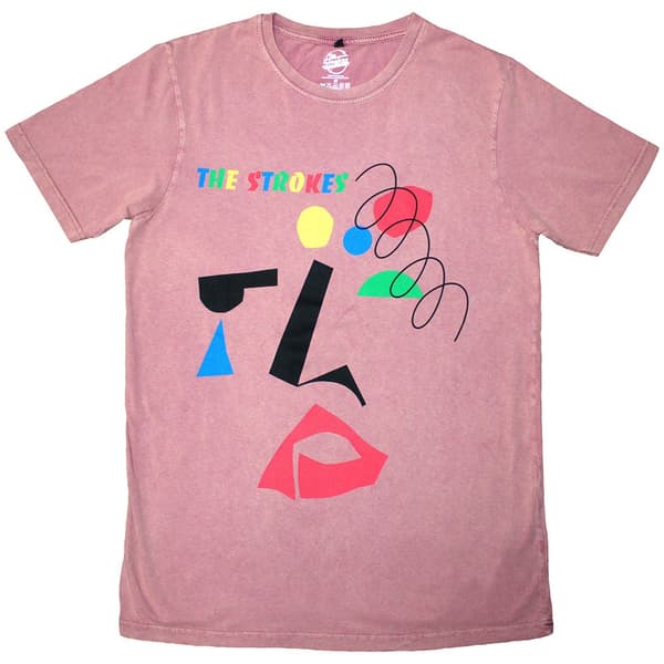 The Strokes Unisex Stone Wash T-Shirt: Abstract Face (Kashmir Red) (X-Large)
