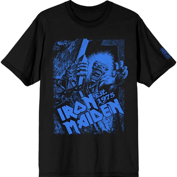 Iron Maiden Unisex T-Shirt: Est. 1975 No Prayer Grave Blue (Black) (Sleeve Print) (X-Large)